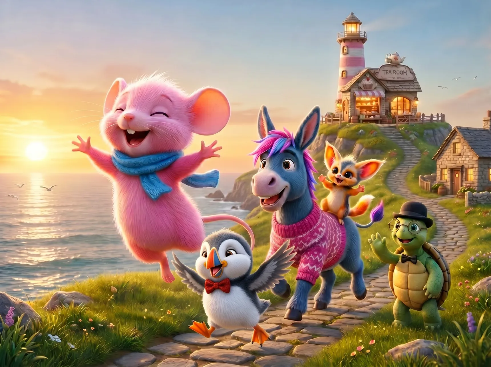 Mousy and friends on the cliff path below the lighthouse