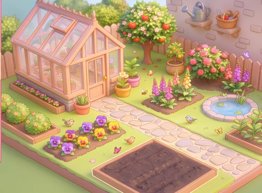 A raised garden bed, greenhouse and flower beds in full bloom