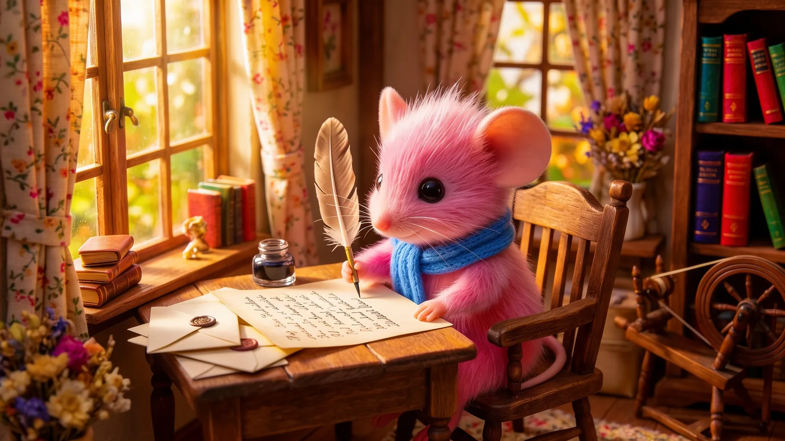 Mousy writing a letter by the cottage window